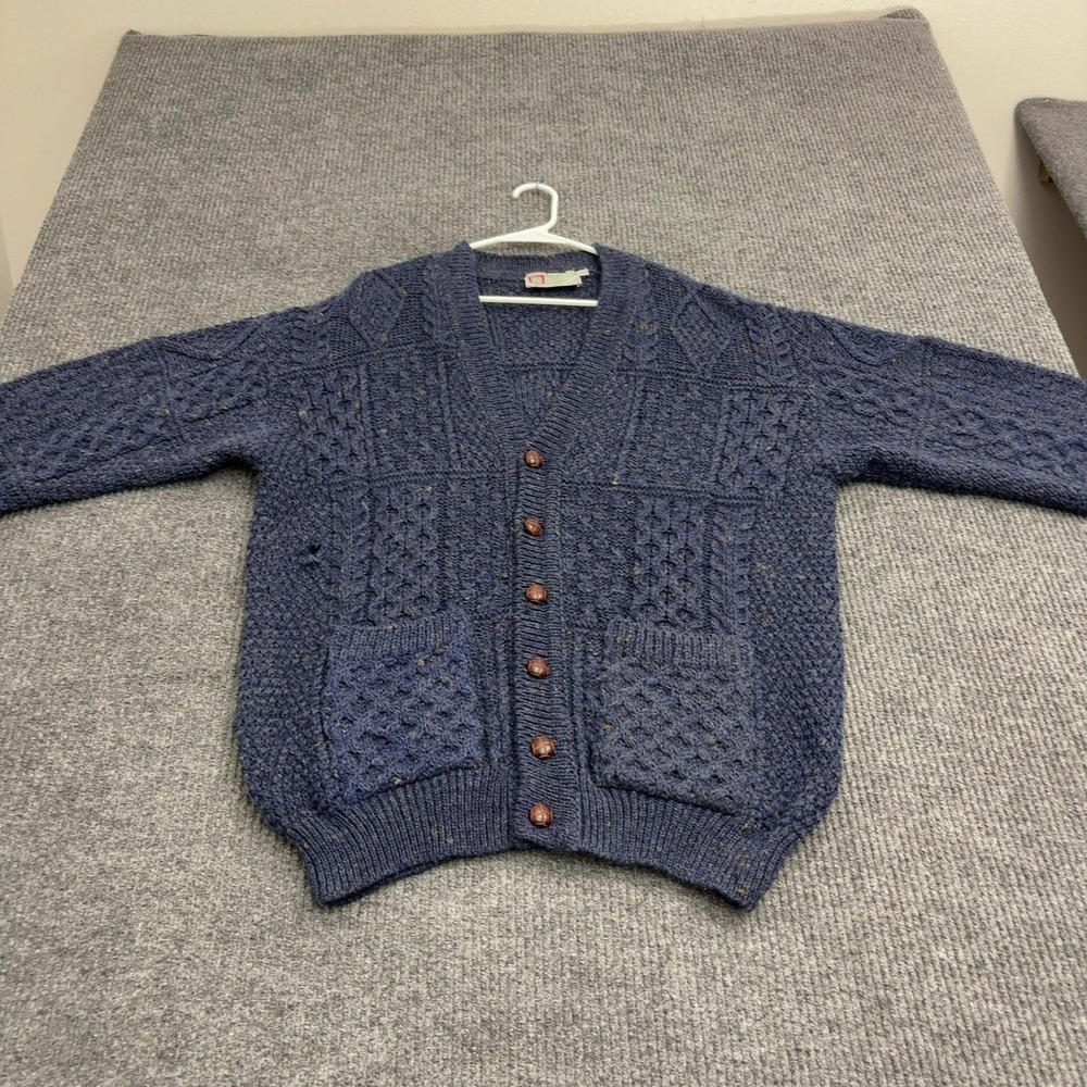 Vintage Country Club Cardigan Mens L Blue Wool Cable Knit Aran Made in Ireland